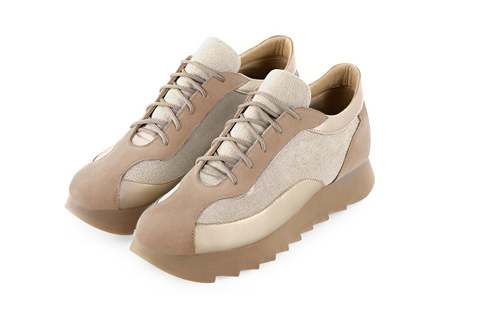 Tan beige and gold women's elegant sneakers. Round toe. Low rubber soles. Front view - Florence KOOIJMAN